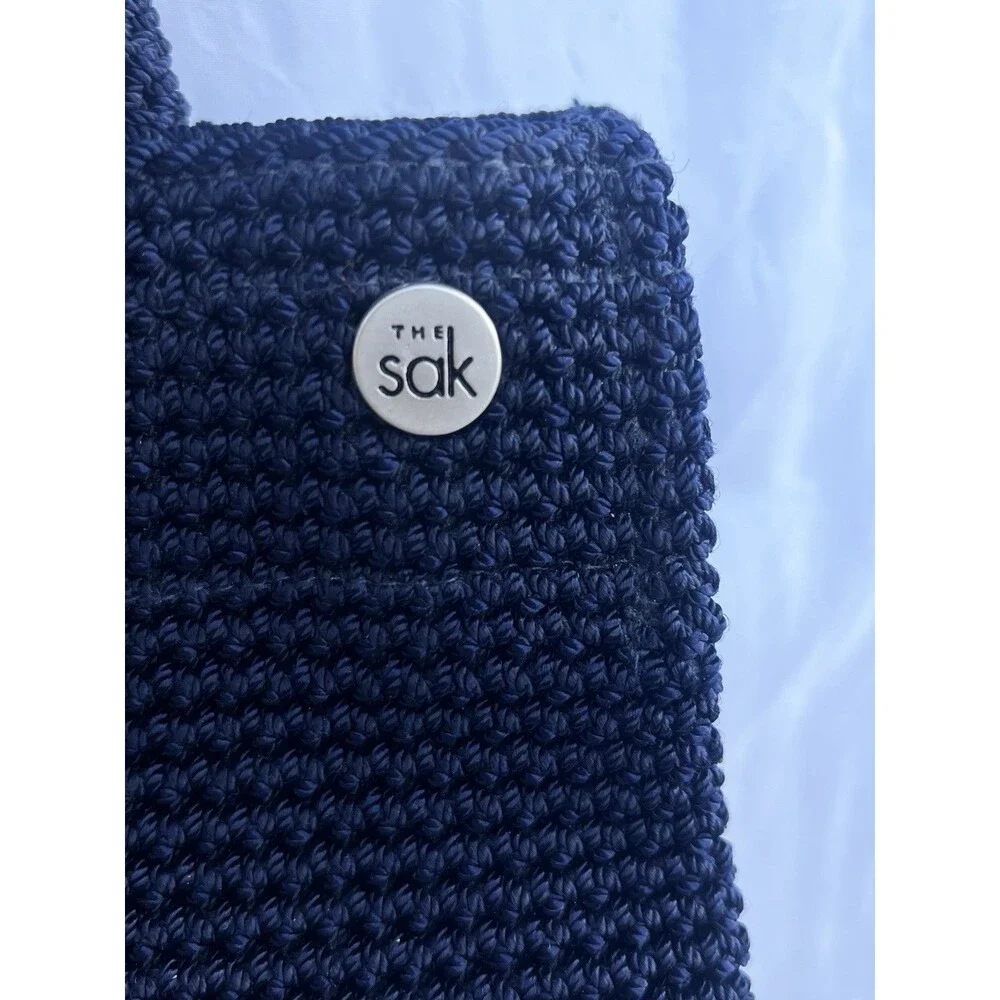 The Sak Navy Blue Crochet Zip Top Shoulder Bag Purse Casual Granny Grandma Core